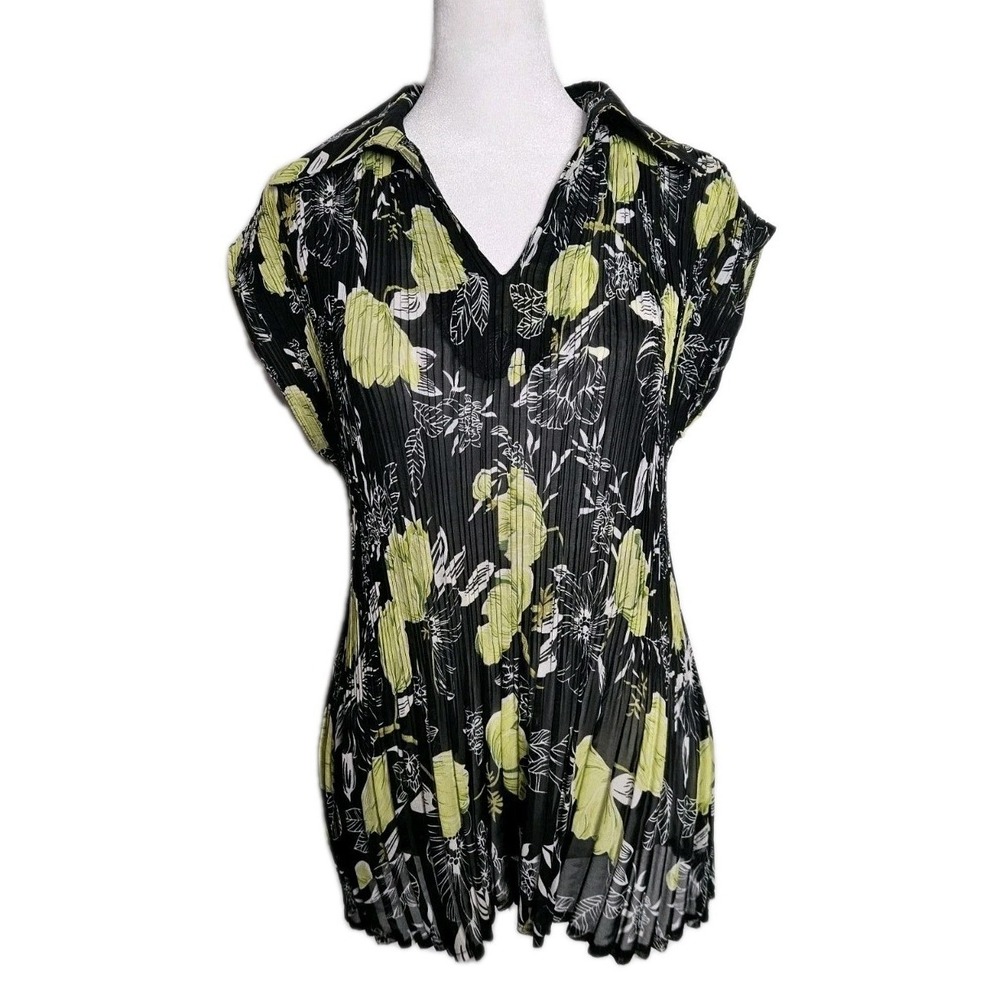Magic Scarf Mini Pleats Black Lime Green Floral Pleated Blouse Collared Sheer